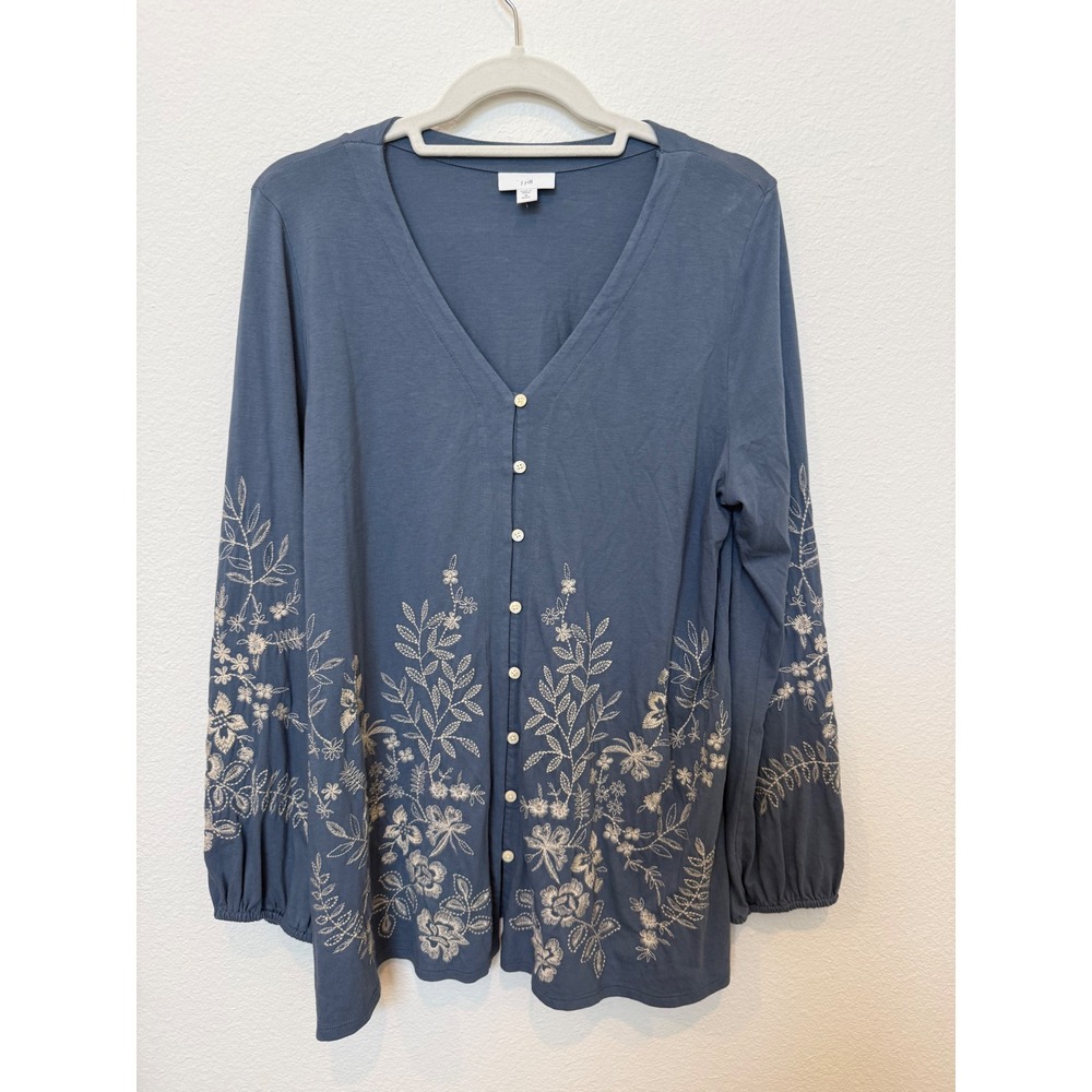 J. Jill Blue Floral Expressions Embroidered Button Front Tunic Medium Petite